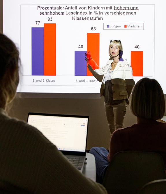 Professorin erklärt Charts im Hörsaal