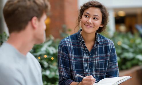 eine junge Frau blickt lächelnd einen jungen Mann an und macht sich Notizen