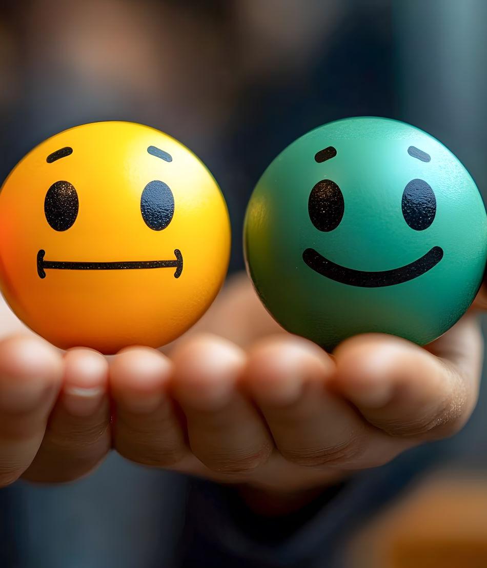 Emoji-Bälle mit neutraler und freundlicher Mimik
